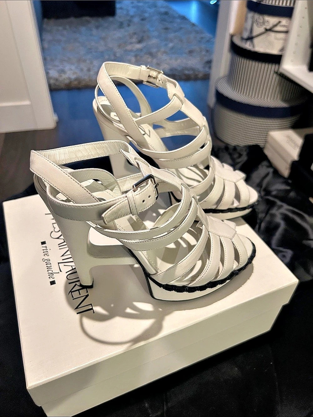 Saint Laurent Tribute Platform Sandals White & Black Heels